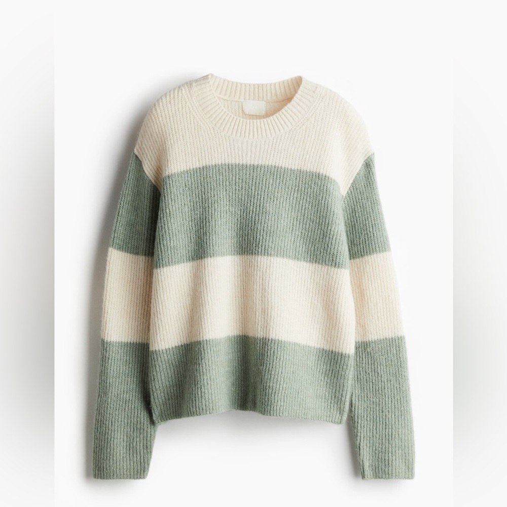 H&M RIB-KNIT SWEATER Light khaki green/cream | Size Small